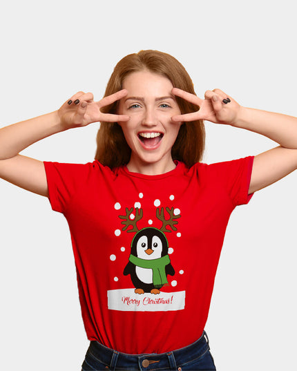Rotes Weihnachts-T-Shirt für die Familie mit Pinguin-Motiv