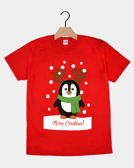 Rotes Weihnachts-T-Shirt für die Familie mit Pinguin-Motiv