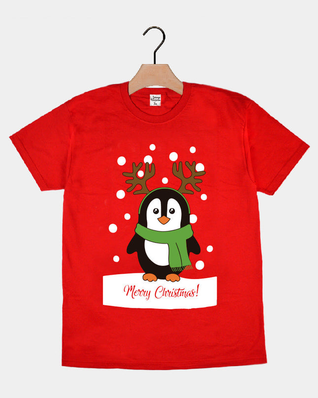 Rotes Weihnachts-T-Shirt für die Familie mit Pinguin-Motiv