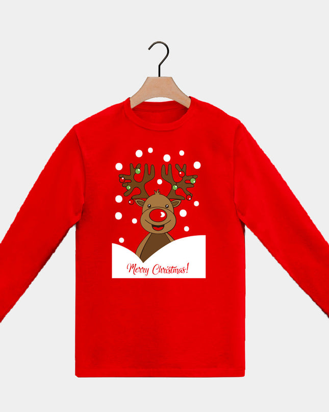 Red Long Sleeve Christmas T-Shirt for Men and Women with Rudolph