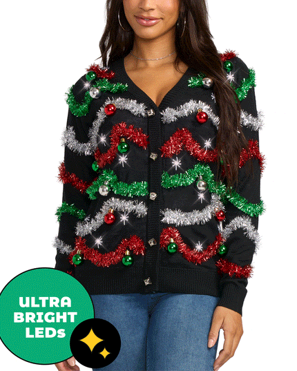 Women's Midnight Garland Light Up Christmas Cardigan Sweater