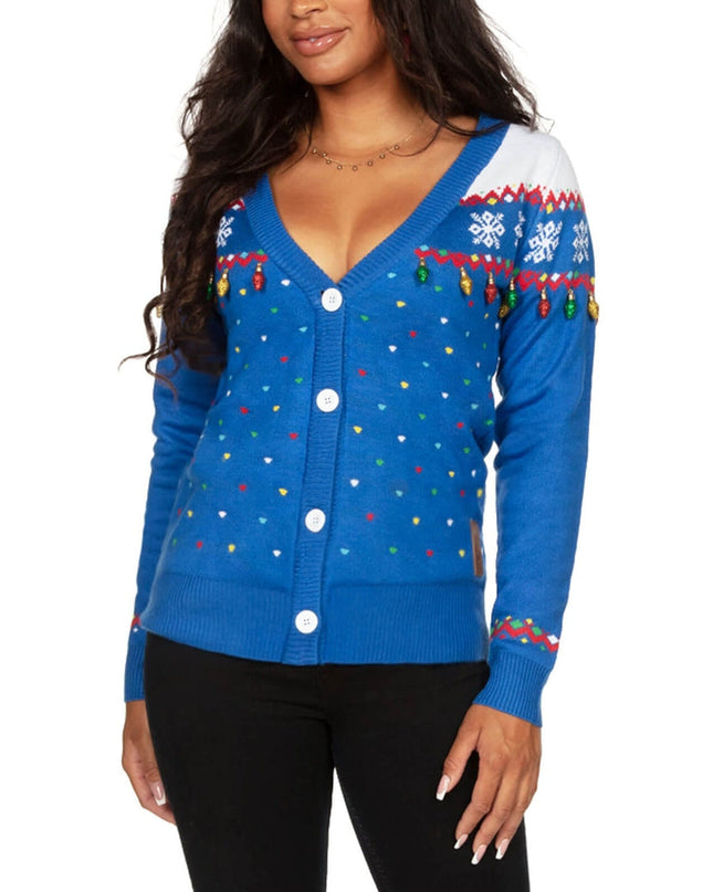 Women's Blue Christmas Lights Cardigan Sweater